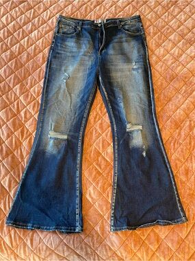 Southern Fried Chicks Women’s Distressed Dark Blue Flare Jeans-Plus Size 20